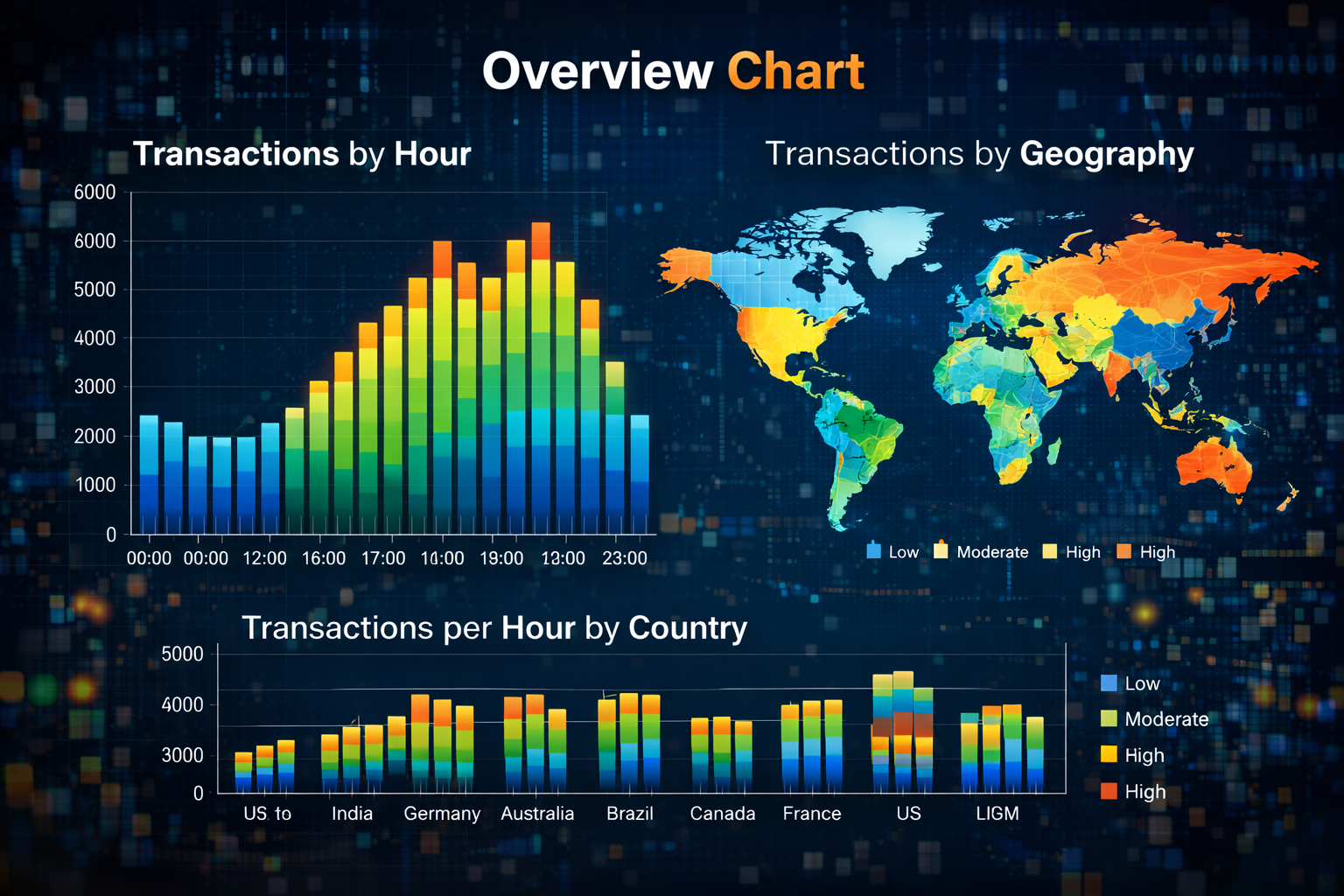 Seed Overview — distribution of transactions by hour and geography