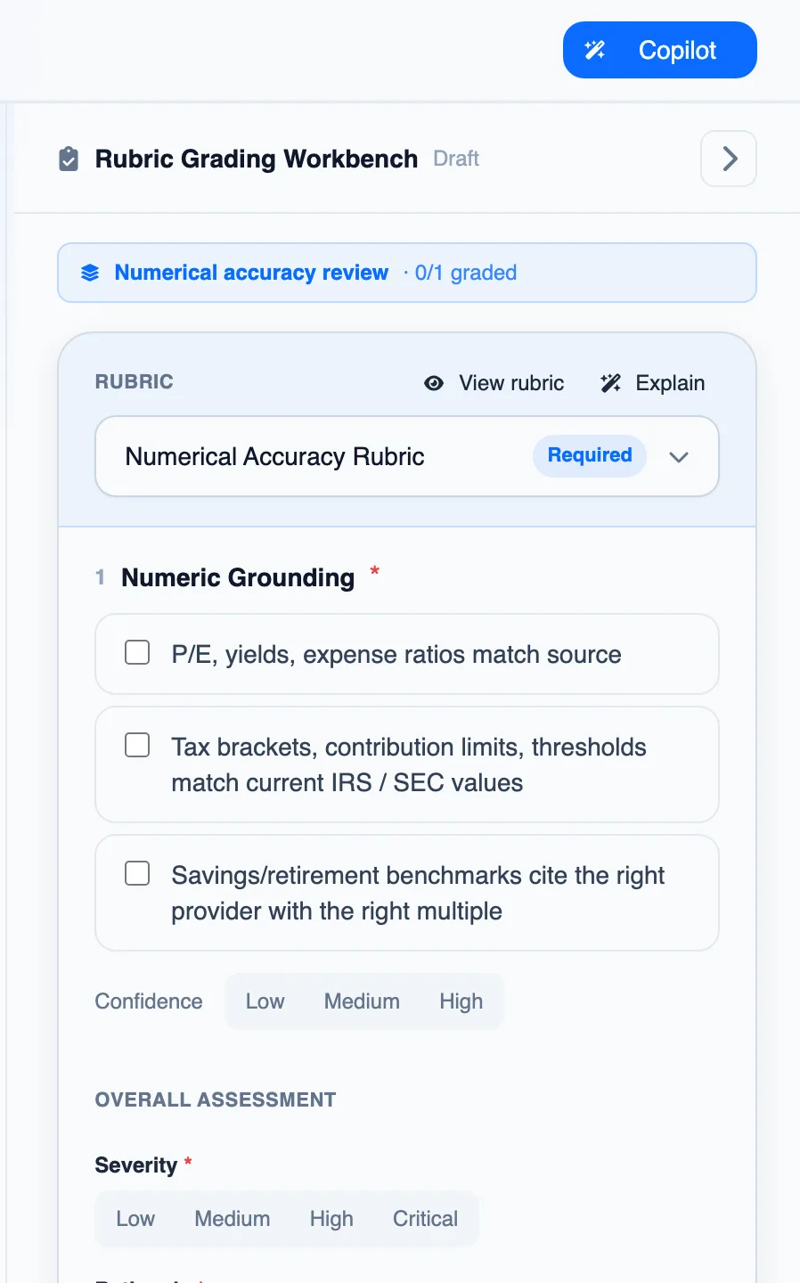 A rubric's dimensions, scoring, and required fields as a reviewer sees them