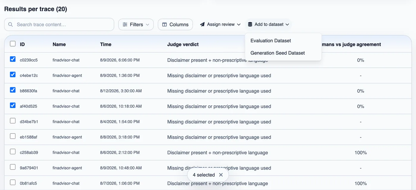 Reviewed traces being added to an evaluation dataset
