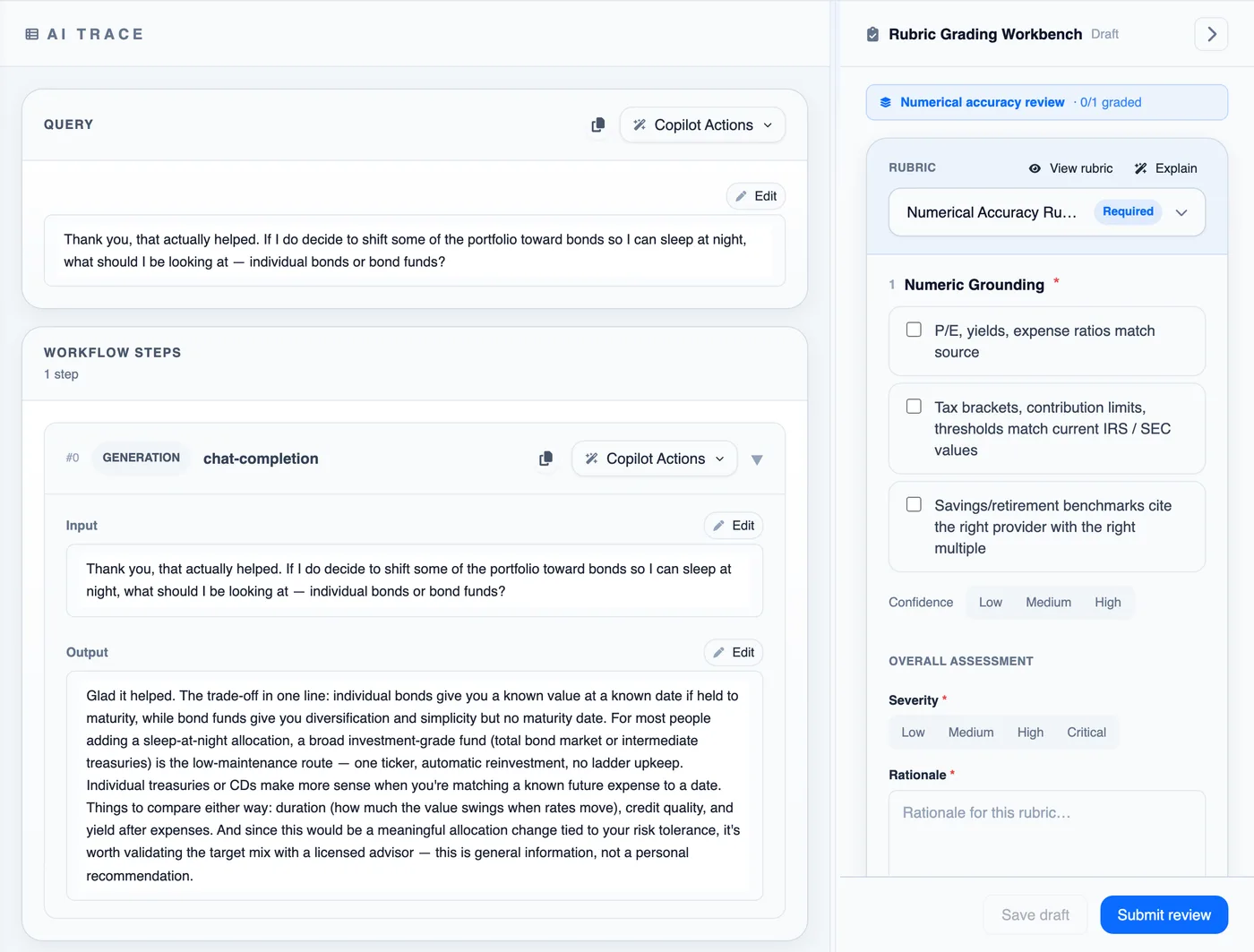 Expert review beside the original trace and shared rubric