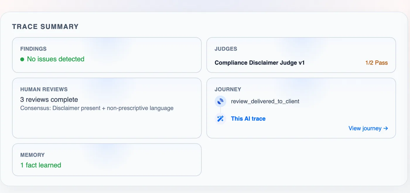 A review case with its trace and User Journey context